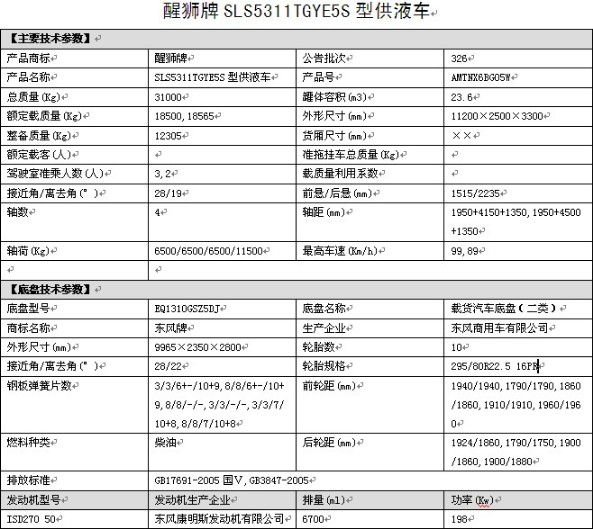 東風錦程V5前四后六SLS5311TGYE5S型供液車整車參數 東風錦程V5前四后六SLS5311TGYE5S型供液車整車參數